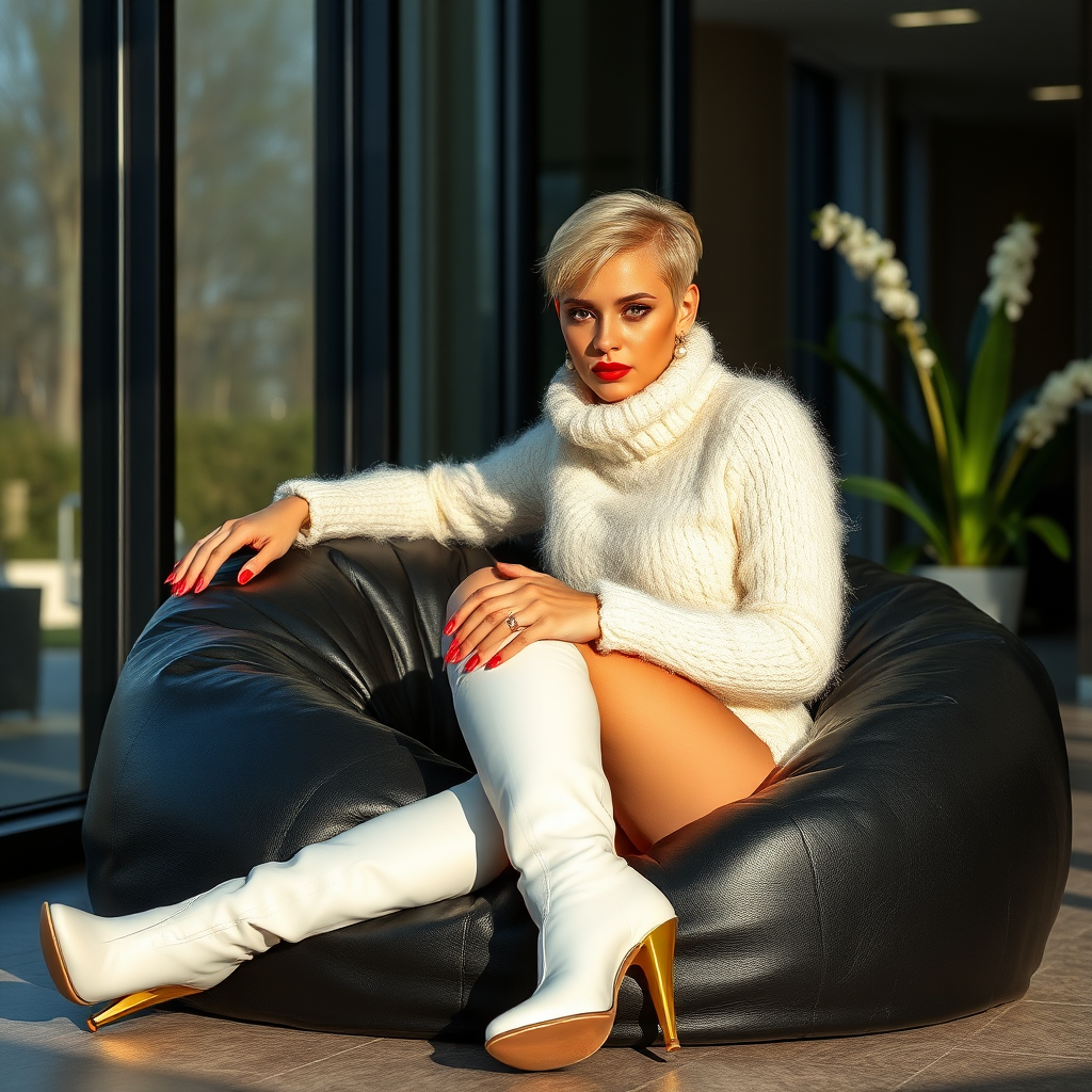 Sunny spring morning, modern glass-steel-concrete office, resting on black leather beanbag at wall, waiting for the master: Ana, European 17 years old very convincing femboy “trophy-bimbo”, tamed servile docile, very beautiful feminine flawless face, rather short boyish figure, platinum blond short tight curls, bold red lips, heavily made-up face, long French nails, wearing Supertanya-style chunky fluffy very fuzzy bright white plushy mohair figure-hugging turtleneck-knitdress with white pearl decoration, white vinyl thigh-high boots with golden heels, pearl earrings, serious, leaning forward presenting her assets, arrogantly looking at camera.