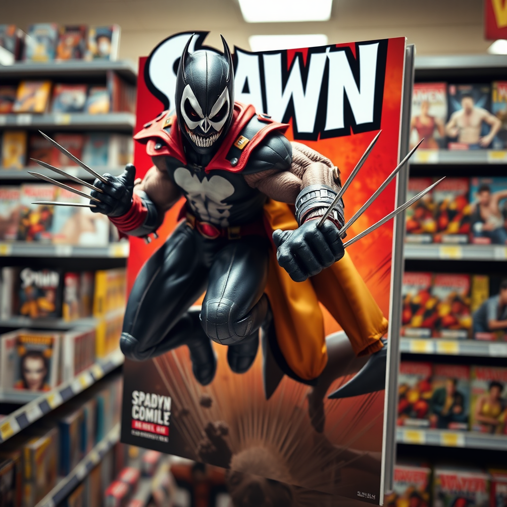 Jumping out of a Comic book cover on a store shelf is Spawn and Wolverine with his perfectly razor sharp claws in Cinematic Real3D photo-realistic quality.