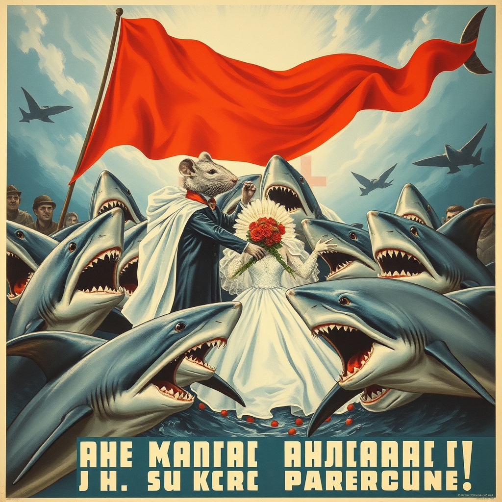 A rat wedding being attacked by sharks, Catholic, Soviet propaganda poster