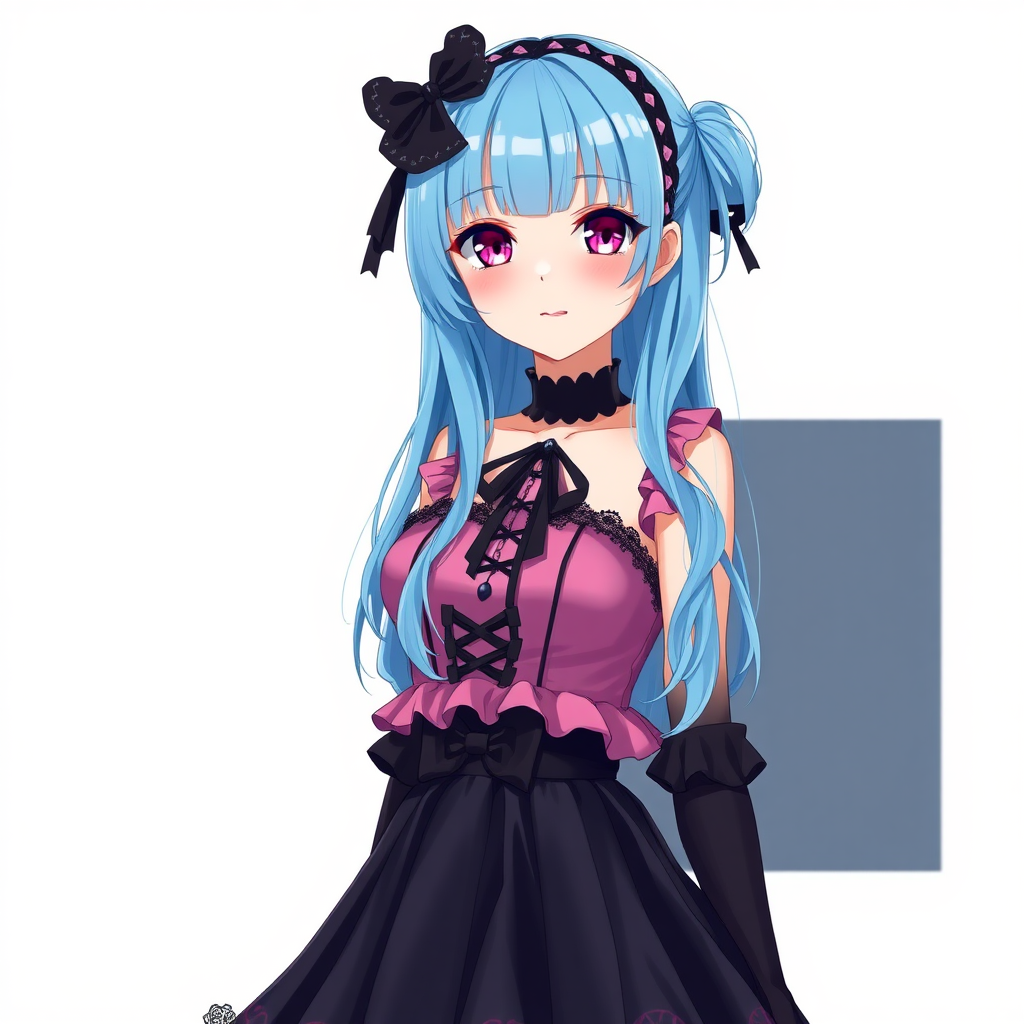 Anime girl with blue hair and magenta eyes that is wearing a pink-black gothic lolita dress.  
She has big boobs, a small waist and wide hips.