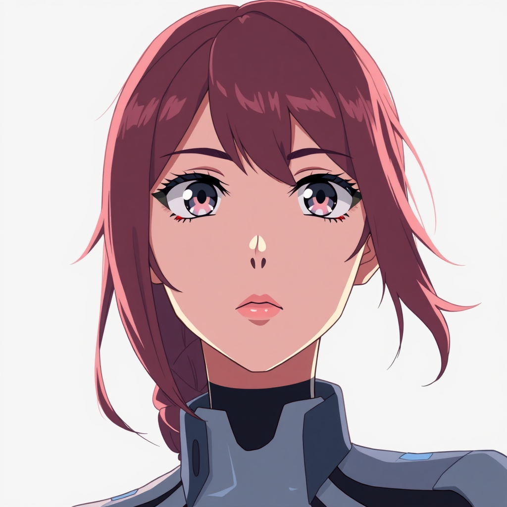 An anime portrait of an anime artificial intelligence woman with an authoritative and confident gaze.