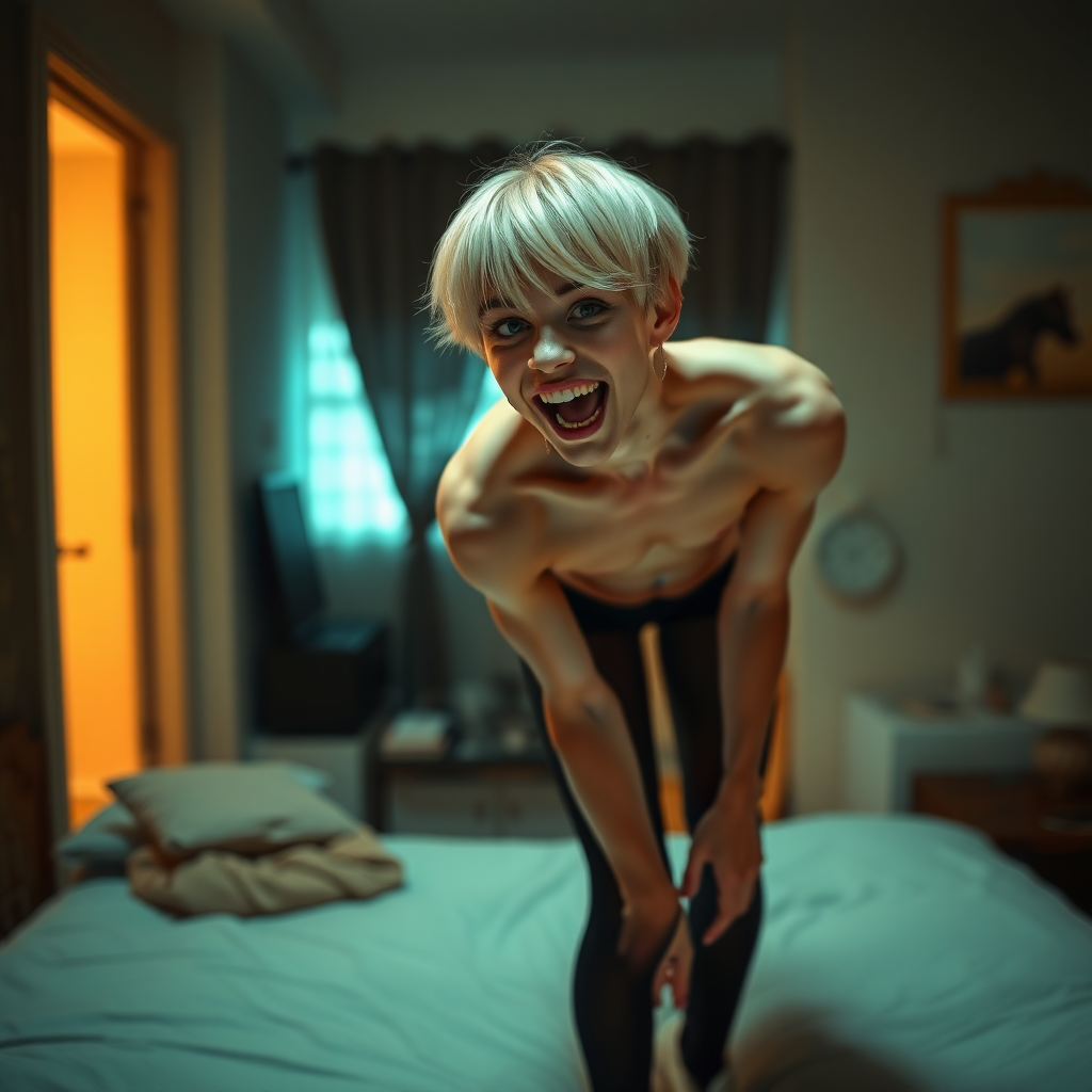 photorealistic, ultra high resolution, 16K, surreal fantasy, studio lighting, a pretty 16 year old goth male, slim male physique, short blonde hair, goth makeup, earrings, pantyhose, white ballet shoes, in the bedroom - he is bending forward, excited smile, facing the camera.