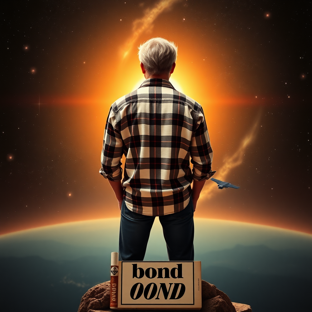 full-body photo, view from behind, a SCI-FI film poster, 1970 style poster, the blonde man in plaid shirt (white and black) standing on a pack of cigarettes (with name "bond") that flies straight to the sun, universe, 4k, HDR