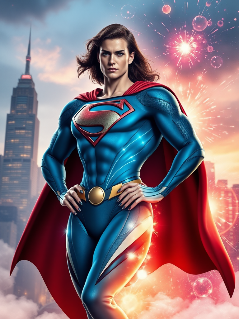 Create a full-length image of Superman, using the female figure of Atom Eve for the body. Maintain Superman's head, including hairstyle and facial features. Combine traditional Superman costume elements with embellishments from Atom Eve's costume, adapting it to fit the new body proportions. Design a background inspired by the Metropolis skyline and Atom Eve's vibrant energy field, blending elements of urban and cosmic. Focus on a dynamic pose that showcases the amalgamation of styles and powers.