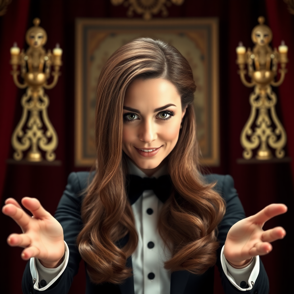 A surreal image of the beautiful very long haired Kate Middleton's disembodied head displayed to the camera by a magician performing a magic trick.