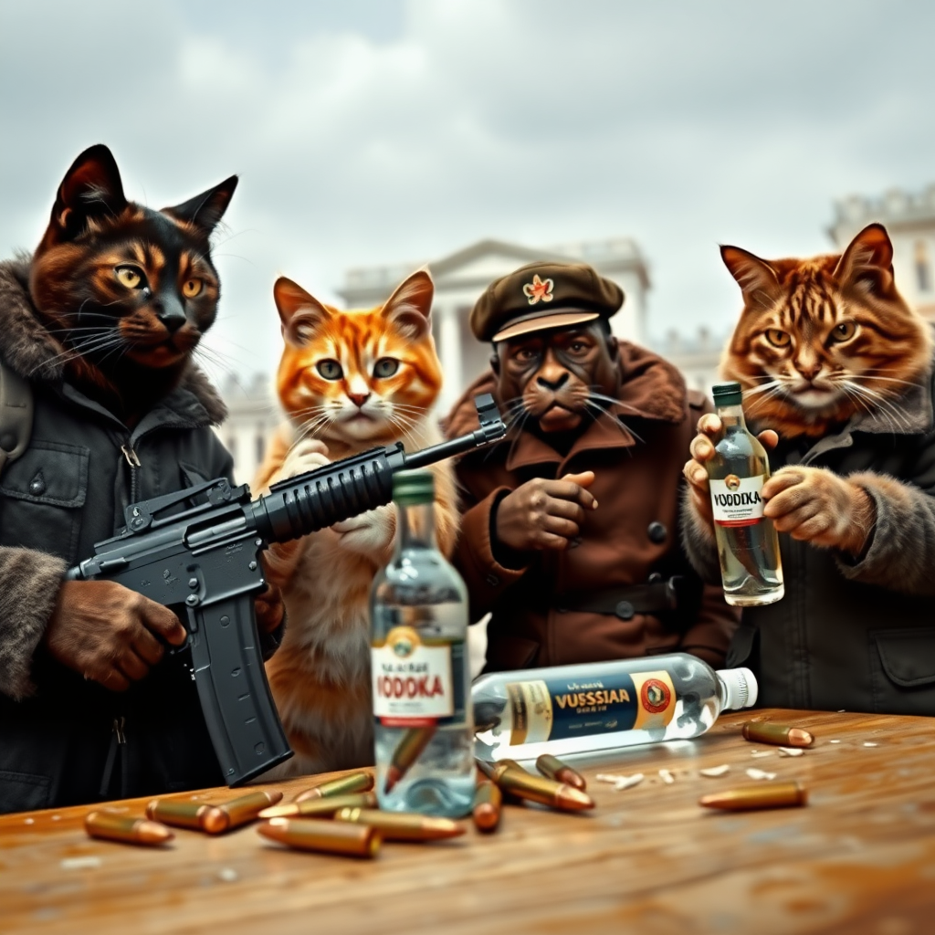 4 cat-men in a large square, a dark-skinned one holding an AK-47, an orange one with a Russian military cap, a dark brown one, and a light brown one, USSR communists with VODKA, behind a table with bullet casings on it (silver print style photo).