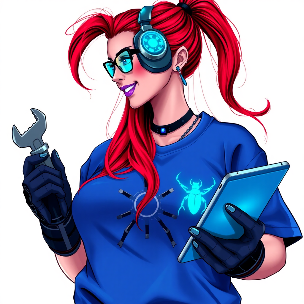 An intelligent and tech-savvy 29-year-old computer hacker and tech genius. She has a long ruby red ponytail. She wears maximum blue lipstick, blue eyes, a sapphire beetle gemstone necklace, sapphire earrings, black eyeglasses, hi-tech power gloves, and an oversized maximum blue t-shirt featuring a neon blue glowing beetle chest icon. She has a gargantuan full-figured physique with a prominent round gargantuan midsection, reflecting her well-cared-for lifestyle. She sports a sapphire headset with a hi-tech maximum turquoise lensed HUD, and a beaming smile accentuated by a passionate neon red blush. She serves as his tech expert from his hideout, holding a futuristic tool wrench and a futuristic digital tablet. The background is solid white. She is drawn as if she was in a retro 2D cyberpunk fighting game.