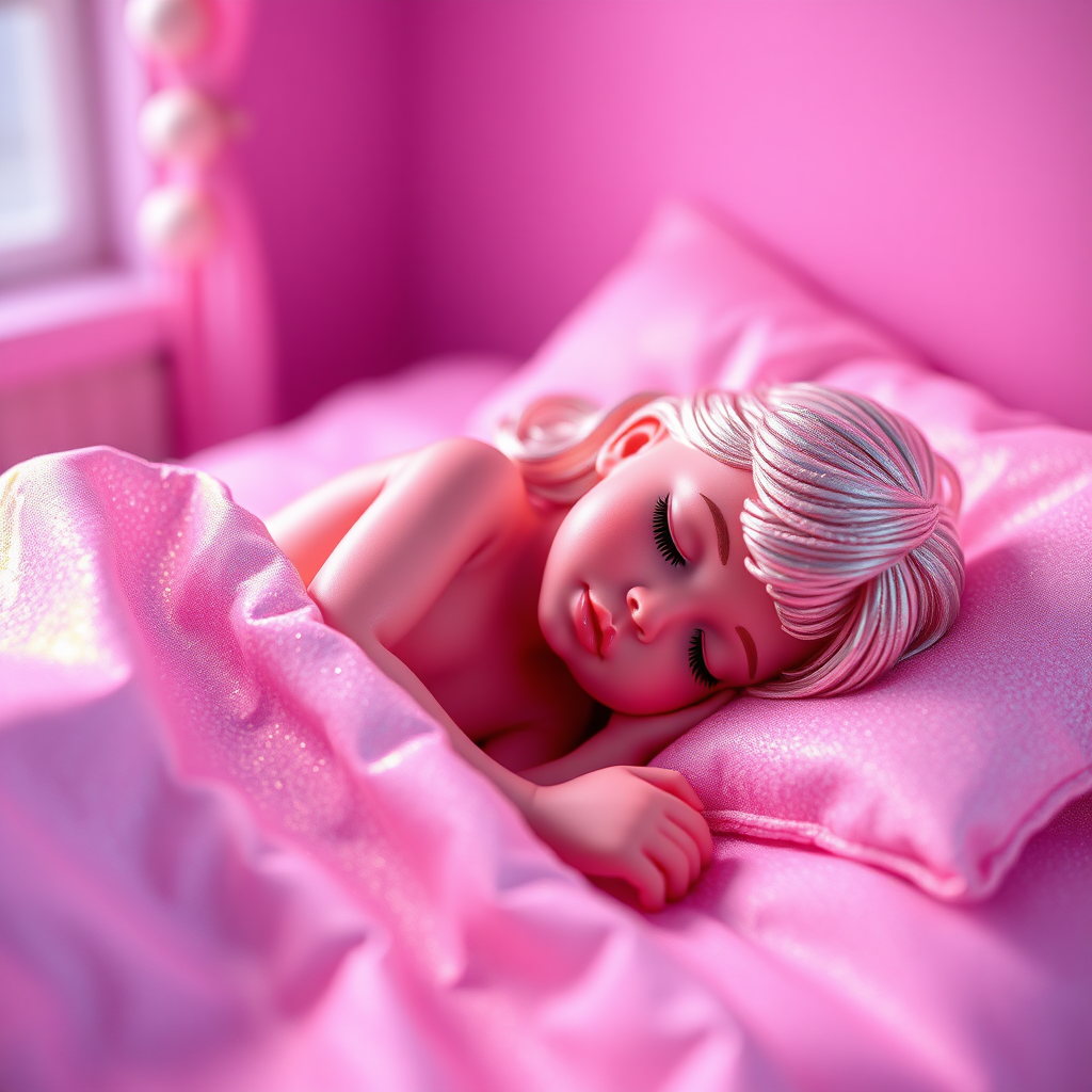 porcelain doll sleeping in bed, iridescent, glittering, panoramic landscape, focus stacking, abstract, minimalist art, in focus, preteen girl statue, artistic photograph