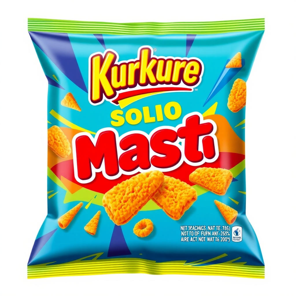 Design a vibrant and modern package for Kurkure Solid Masti, featuring bold colors, dynamic patterns, and playful elements. Highlight the crunchy texture with sleek, abstract shapes and maintain a youthful, fun vibe with eye-catching details that reflect the savory, spicy flavor of the snack.