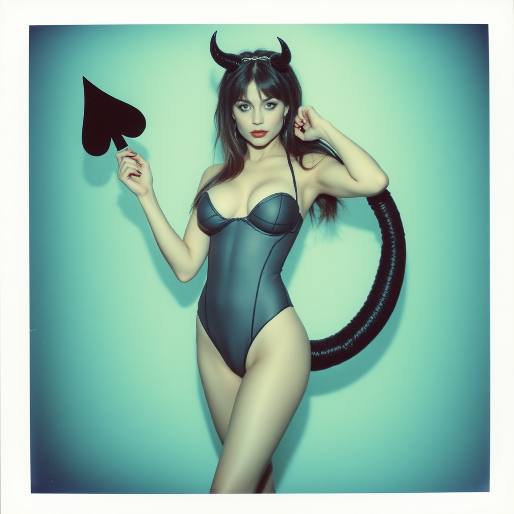 scan of polaroid photograph with visible wear and blue green color tint and heavy vignetting and light leaks depicting a sexy succubus girl with black tail with spade end in bodysuit