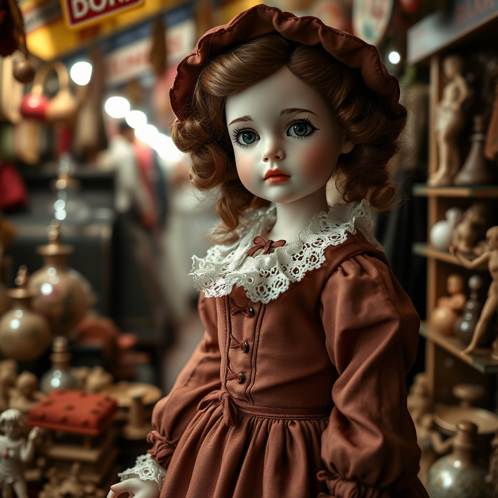 a young porcelain doll in flea market wearing a Victorian dress, artist doll, bjd, high quality photo, hyperrealism, by klimt, intricate environment, ultra-detailed, impressionistic, dynamic composition