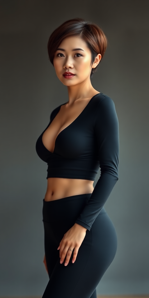 A beautiful Chinese woman, short hair, full figure, small breasts, yoga pants.