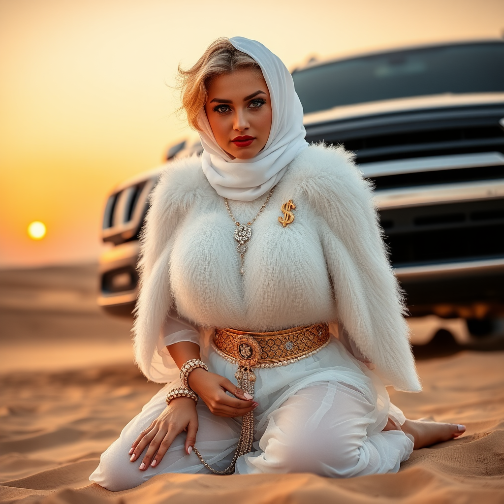 Kuwait desert dunes misty dawn, full size luxury SUV: Melissa, European 17 years old very convincing femboy “trophy-bimbo”, tamed servile docile, very beautiful feminine flawless face, rather short, by hormones very curvaceous womanly figured, platinum blond short tight curls, bold red lips, heavily made-up face, wearing Supertanya-style fluffy very fuzzy bright white angora turtleneck-poncho cropped ending under bust decorated with pearls and gemstones, striking oriental wide gold bridal protection belt, white fully transparent harem pants, full Oriental bridal jewelry, face covered by white sheer full Burka, coin anklets, striking diamond “$$$” letter brooch on left chest, pout frustrated, hands tied behind back, kneeling in sand in front of SUV, looking at camera. Focus on face and turtleneck-poncho.