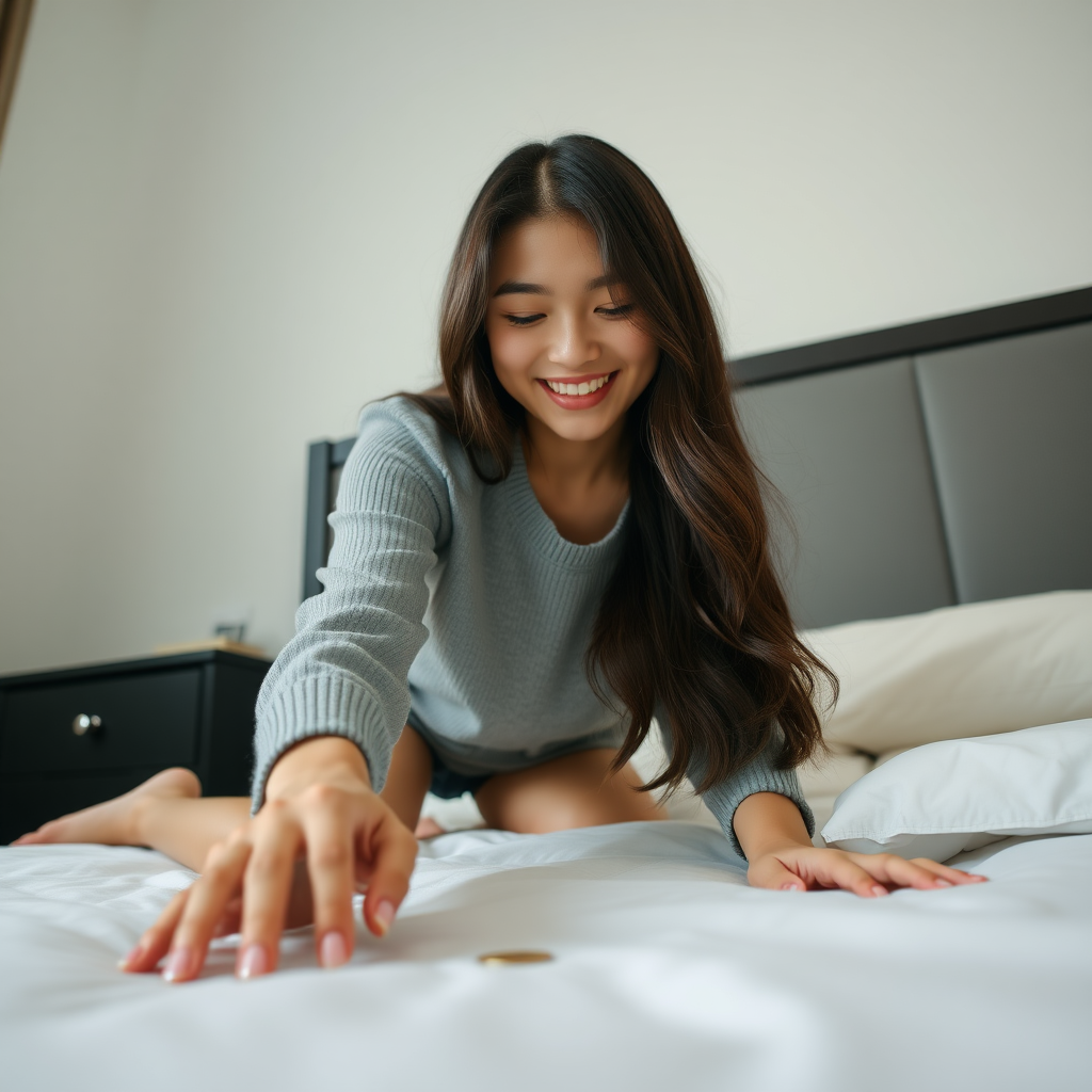 photo low angle full body shot beautiful xiaomeimei smiles looking down. She is kneeling on the bed reaching for a coin