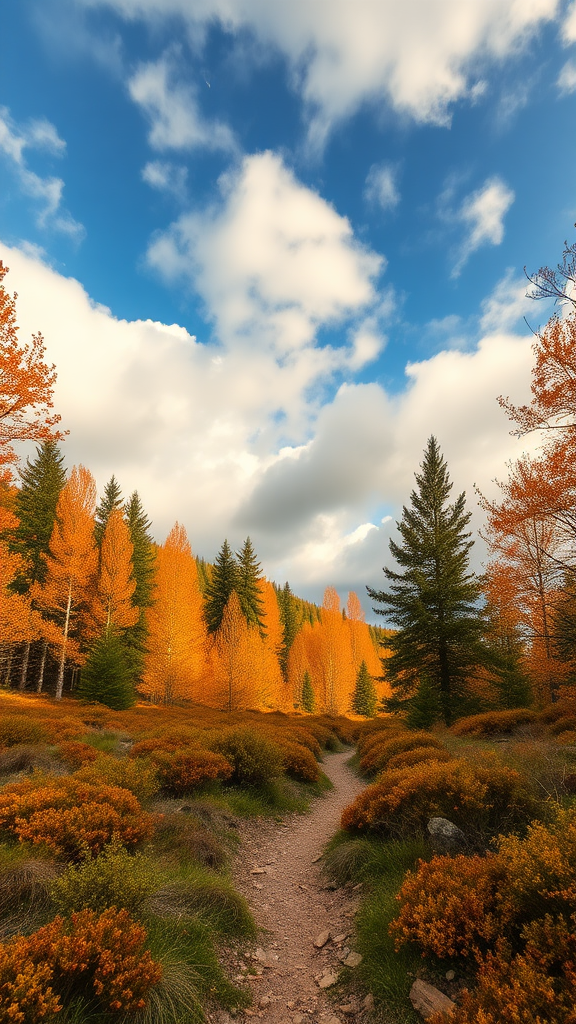 Autumn Forest with alpine vegetation with a path, sky with clouds in high definition