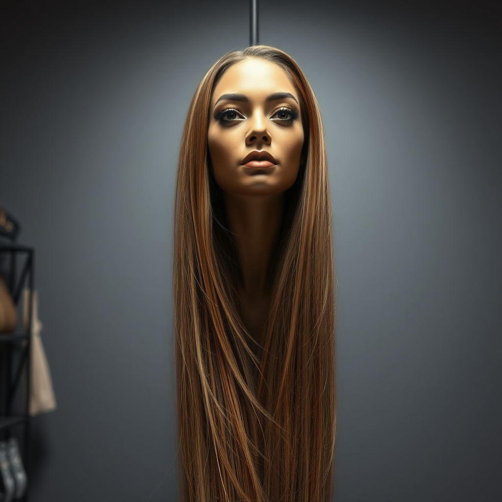 In a well lit, eccentric long hair fetish store, a strikingly unique and surreal display draws attention: the real live, flesh-and-blood disembodied head of a stunning woman reminiscent of Beyoncé, her long, flowing hair cascading like a silky waterfall around her neck. The luxurious strands shimmer with intricate highlights, ranging from deep ebony to sun-kissed gold, accentuating her perfectly sculpted features. Her captivating, dark eyes glisten with an enigmatic allure, expressing an uncanny mix of grace and mischief.

The background is a plain, muted gray, contrasting sharply with the vibrant beauty of the head and her extravagant hair, allowing viewers to fully focus on the astonishing sight.

The shop’s interior is designed to celebrate the beauty and allure of very long hair.