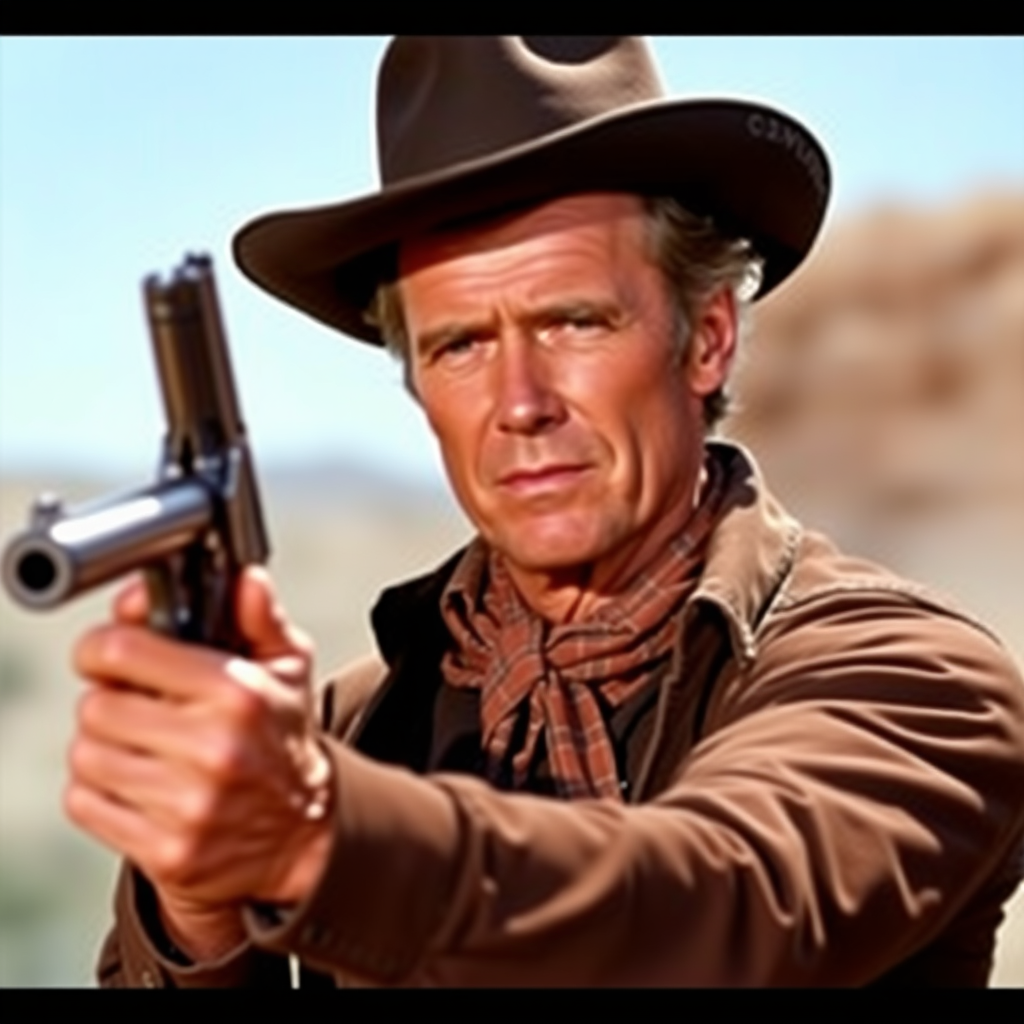 Clint Eastwood dressed as a cowboy, holding a gun, realistic photo.