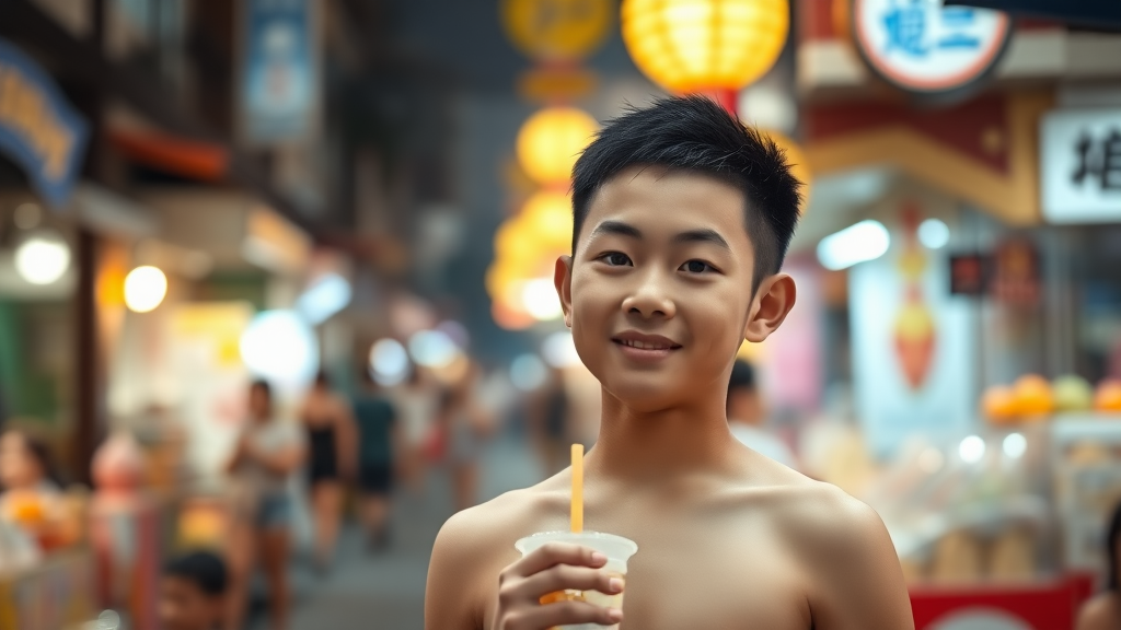 A background street scene, brightly lit, blurred, a Taiwanese boy wandering the night market, the boy facing forward, wearing a sweet smile, with a strong, fair-skinned build and bare upper body, holding bubble tea in his hand.