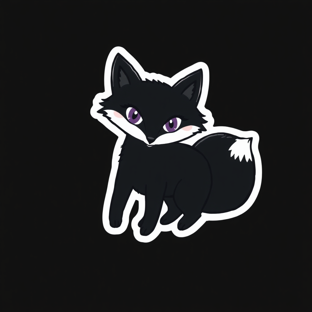 A sticker of a hand drawn black fox with purple eyes and tail tip. Simple black background