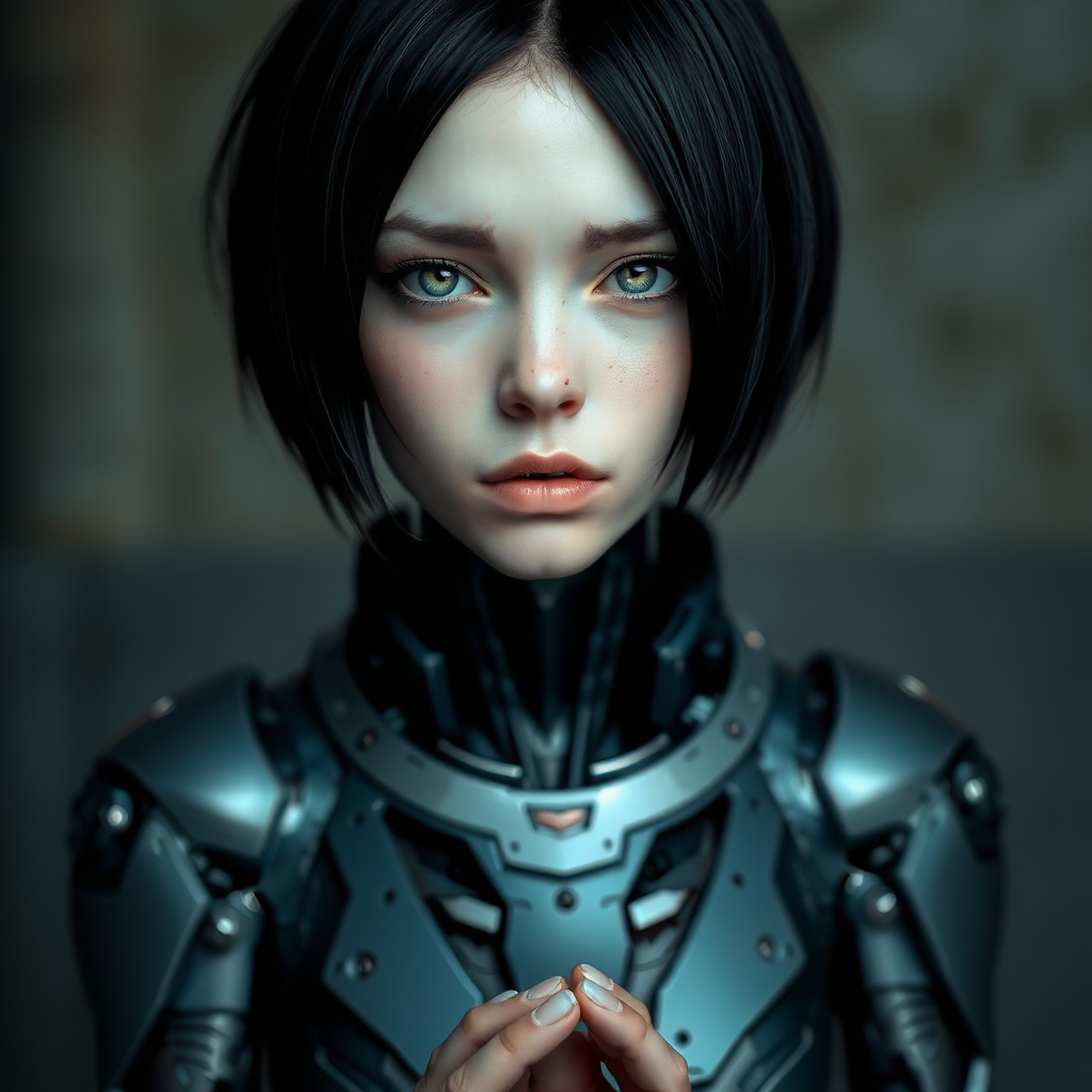 A photograph of a female cyborg with short black hair and green eyes. She has bare feet.