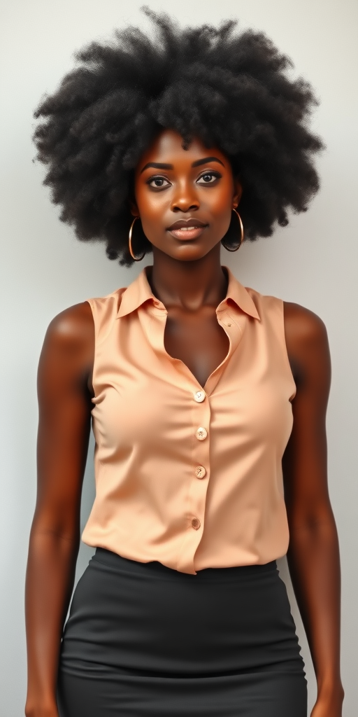 a photo of a busty african woman with an afro wearing a blouse and a pencil skirt