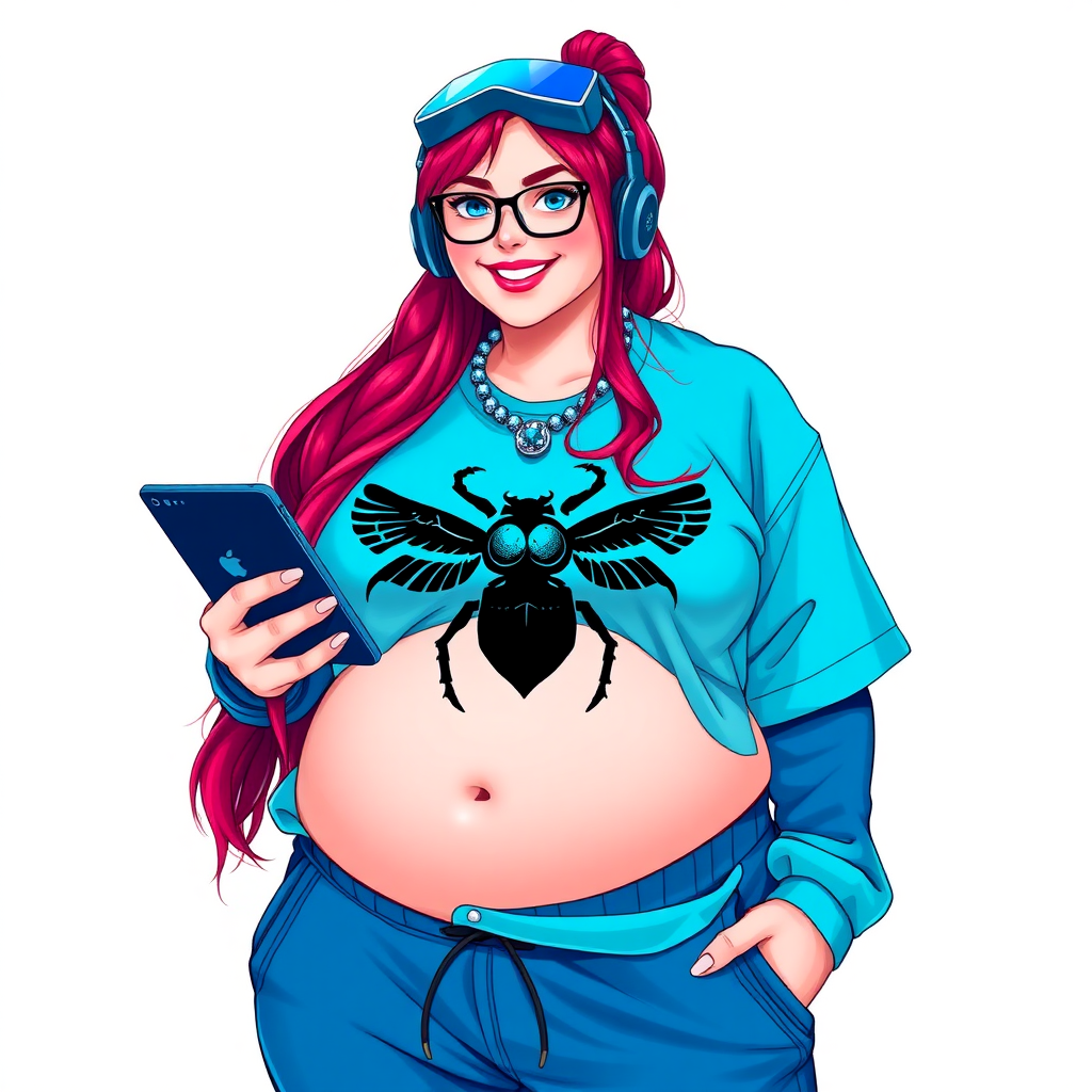 A cyberpunk vigilante’s full-figured intelligent and tech-savvy 29-year-old girlfriend, who is a computer hacker and tech genius. She has a long ruby red ponytail and bright blue eyes. She wears a sapphire beetle gemstone necklace, an oversized Maximum Blue (RGB 71, 171, 204) t-shirt featuring a giant black chest icon of a winged beetle, and matching Maximum Blue sweatpants. She has a full-figured physique with an enormous, well-rounded midsection, reflecting her well-cared-for lifestyle. She sports a sapphire headset with a hi-tech Maximum Blue (RGB 71, 171, 204) lensed HUD visor, Maximum Blue (RGB 71, 171, 204) lipstick, black eyeglasses, and a beaming smile with a passionate bright red blush. Despite her figure and a lack of self-esteem, she radiates an air of beauty. She has an angular face which contributes to her radiant beauty. She serves as his tech expert from his hideout, holding a holographic tablet and a hi-tech tool wrench. The background is solid white. She is drawn as if she was in a retro 2D cyberpunk fighting game. Make sure her outfit covers her enormous midsection.