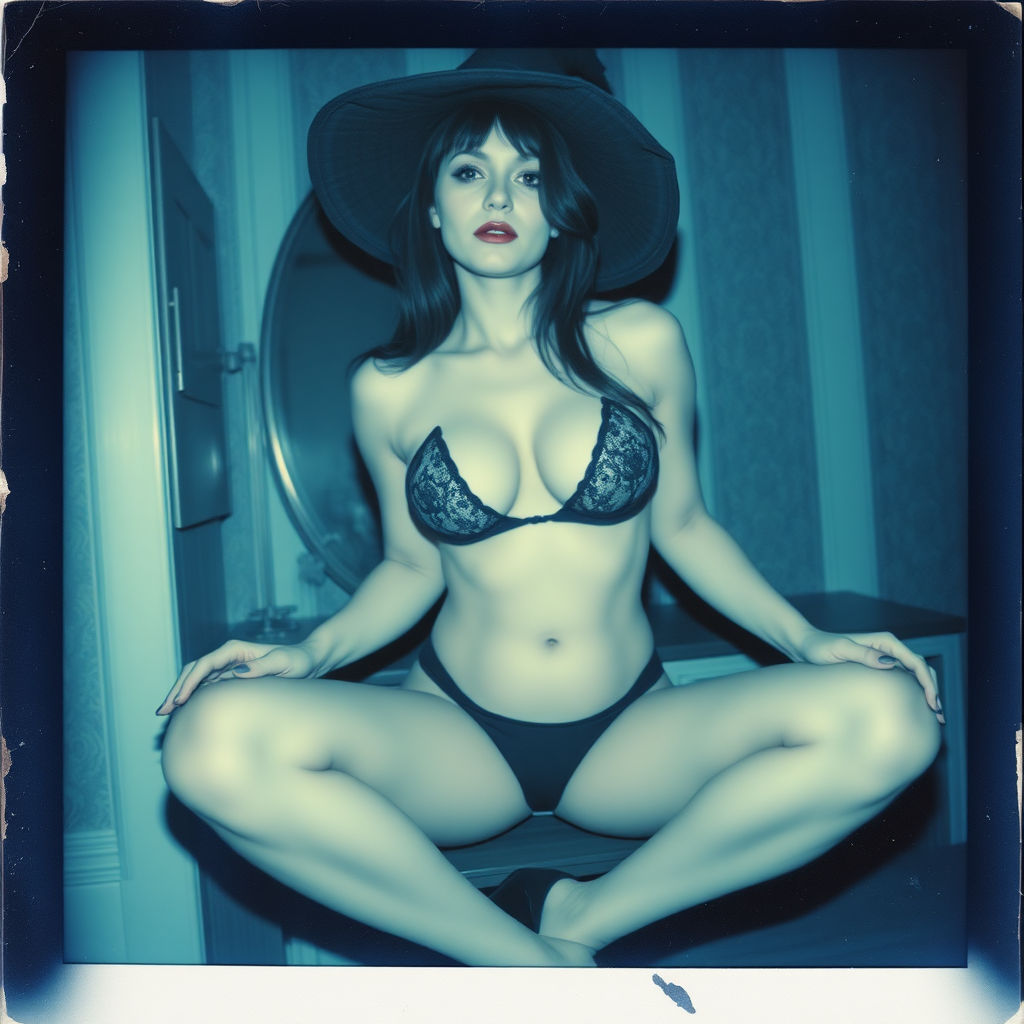 scan of an old polaroid photo with heavy dark vignetting and a blue color tint to the photograph and visible light leaks. The photo depicts a sexy alt goth woman with pale skin and black hair. She has large breasts with ample cleavage and is wearing a tiny revealing bikini bra with triangle shaped cups. She is wearing a witch hat. The image looks hazy and grungy. She is in an old house with wallpaper on the walls. Dark lighting with camera flash used. Candid. She is wearing a tiny revealing lace thong and thigh high stockings. She is sitting on a built-in vanity with a mirror with her knees spread apart. She is wearing black high heels. She has skin texture and visible pores and imperfections.