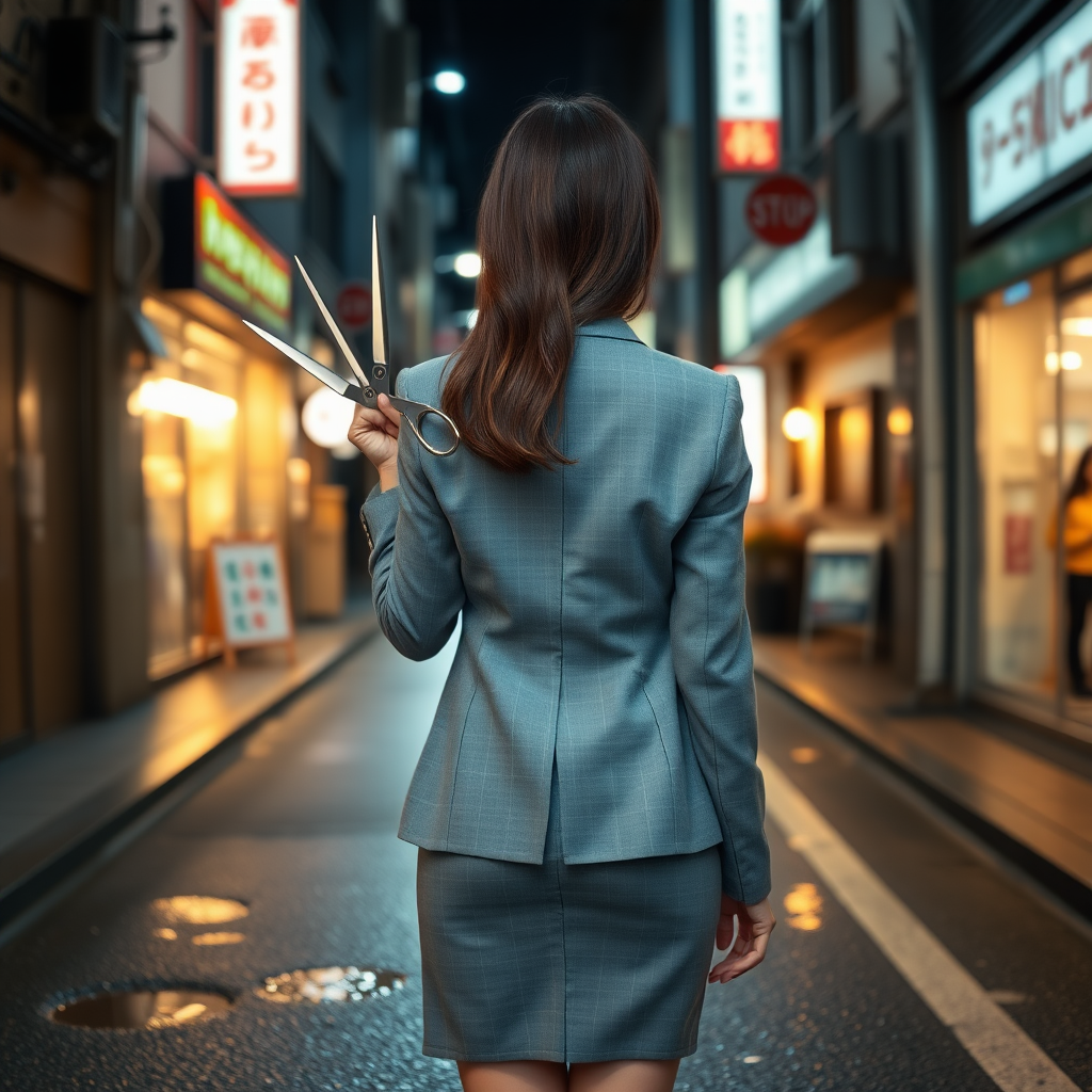 the back of a young Japanese businesswoman. She wears a grey blazer and a grey skirt and faces the camera. She tightly grips a pair of long scissors in one hand. The lights from the shops in the alleyway glint off of the scissors. The lights from the shops in the alleyway are reflected in the rain puddles scattered on the asphalt of the ground. It is late at night.