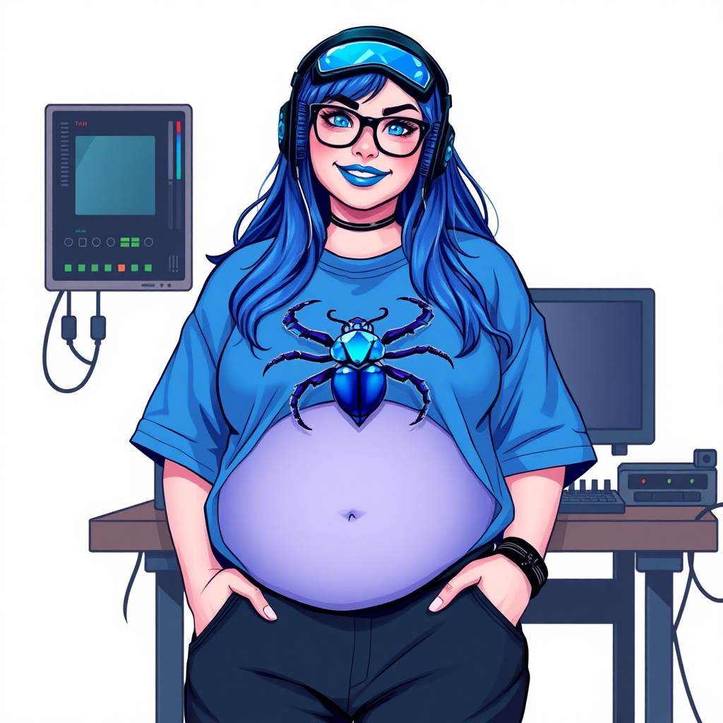 A cyberpunk vigilante's 28-year-old computer science major nerdy, full figured, heavily pampered computer hacker and tech-wiz girlfriend with long, maximum blue hair. She wears maximum blue lipstick and has bright blue eyes. Her outfit includes an oversized, maximum blue t-shirt (accentuating her gargantuan midsection) featuring a maximum blue gemstone beetle chest emblem. She sports black eyeglasses, black sweatpants, a sapphire headset with a maximum blue lensed HUD, with a beaming smile and neon red blush. Her full figure (especially her gargantuan midsection) shows the heavy extent of her doting pampering. As her boyfriend's tech-wiz, she primarily works in his hideout, operating from her workbench and her computer desk. The background is solid white. She has a prominent, round, gargantuan midsection. She is drawn as if she was in a retro 2D cyberpunk fighting game.