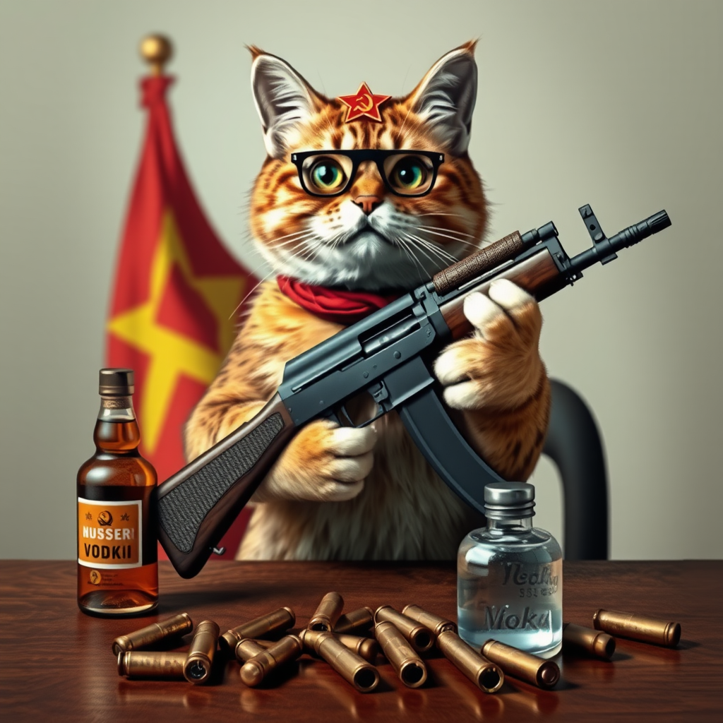 A communist cat from the USSR with an AK-47 and vodka, and a Soviet flag behind a table with bullet casings on it.