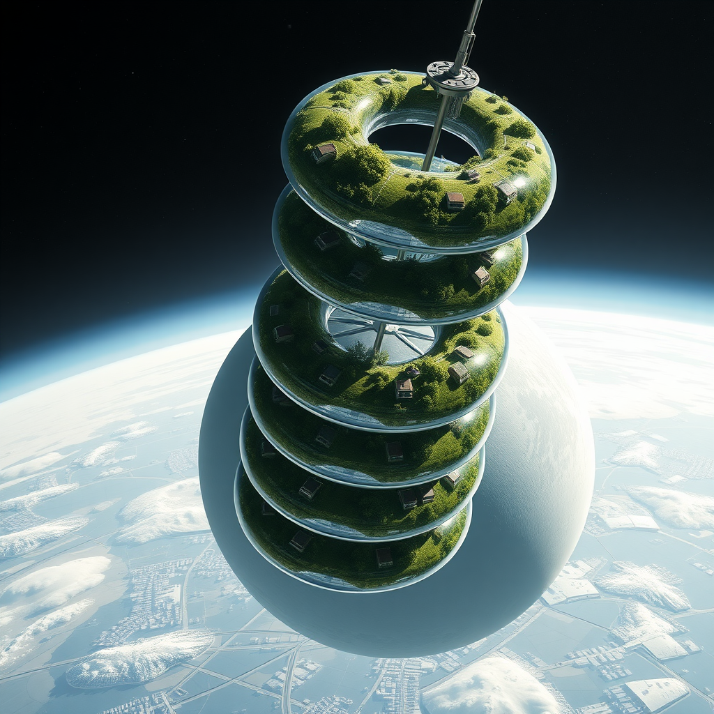 Space station orbiting a grey planet. Each station is 5 glass doughnuts stacked in a column with a rod connecting through the center of each hole. There are 3 stations like this, each with 5 stacked glass doughnuts. Each glass doughnut is full of plants, trees, and greenery, and contains hundreds of houses in neighborhoods.