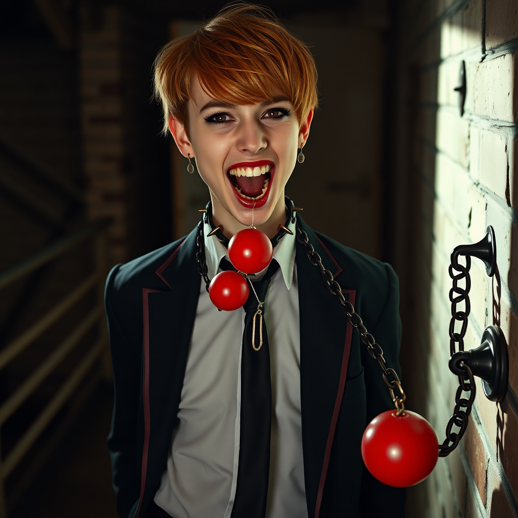 photorealistic, ultra high resolution, 16K, surreal fantasy, soft studio lighting, Tyler Swift is a pretty 18 year old goth male vampire, slim male physique, auburn hair, vampire long canine teeth, goth makeup, earrings, shiny black pantyhose, school uniform shirt tie and blazer, Mary-Jane shoes, spikey neck collar chain and leash, red ball-gag, in a dungeon, the end of the leash is chained to the wall, in daylight, excited open mouth smile, drooling a stream of saliva, facing the camera.