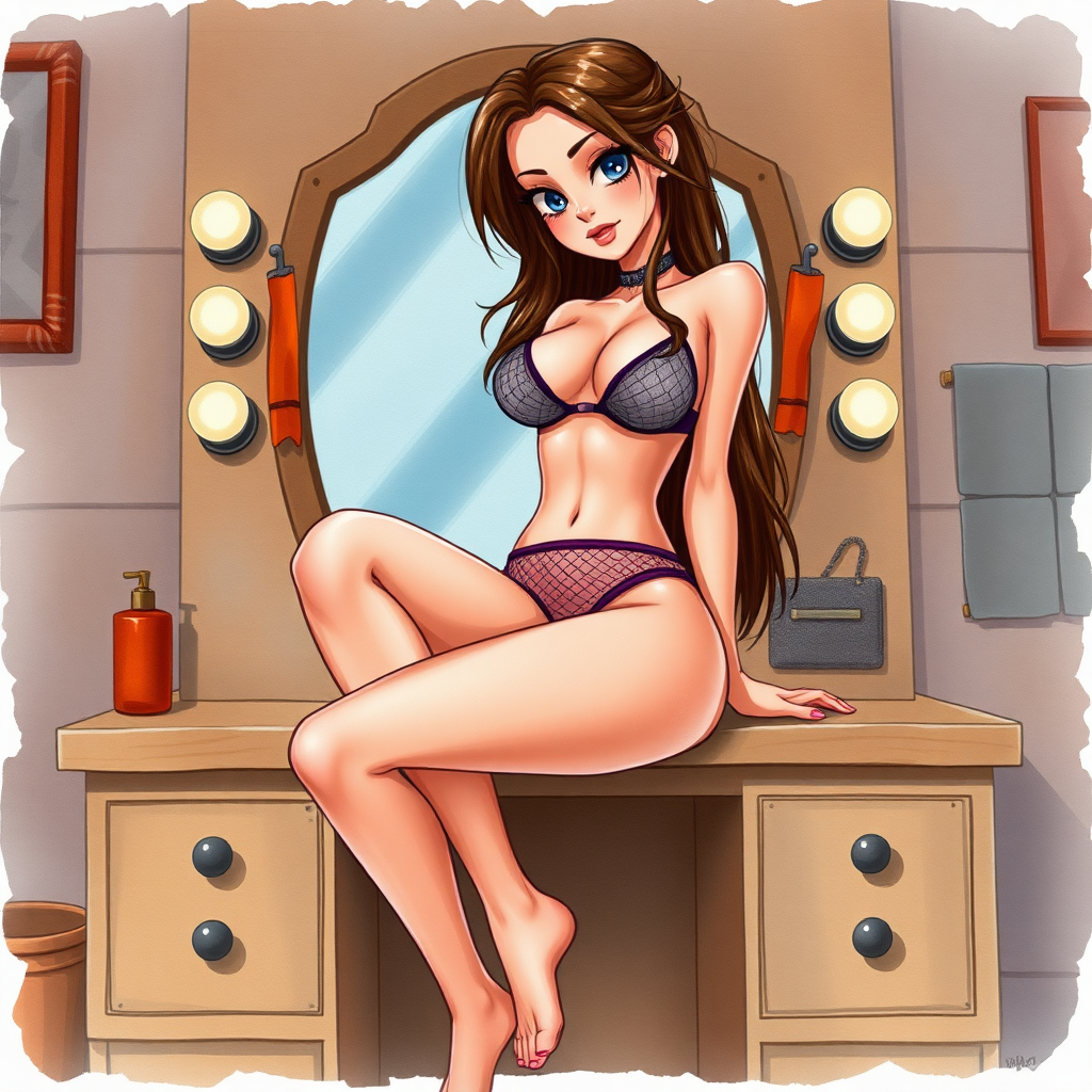 Digital watercolor painting illustration with realistic paper texture, depicting western cartoon style sexy cartoon girl in revealing micro mesh bikini gstring thong sitting on built in vanity with knees parted to reveal panties.