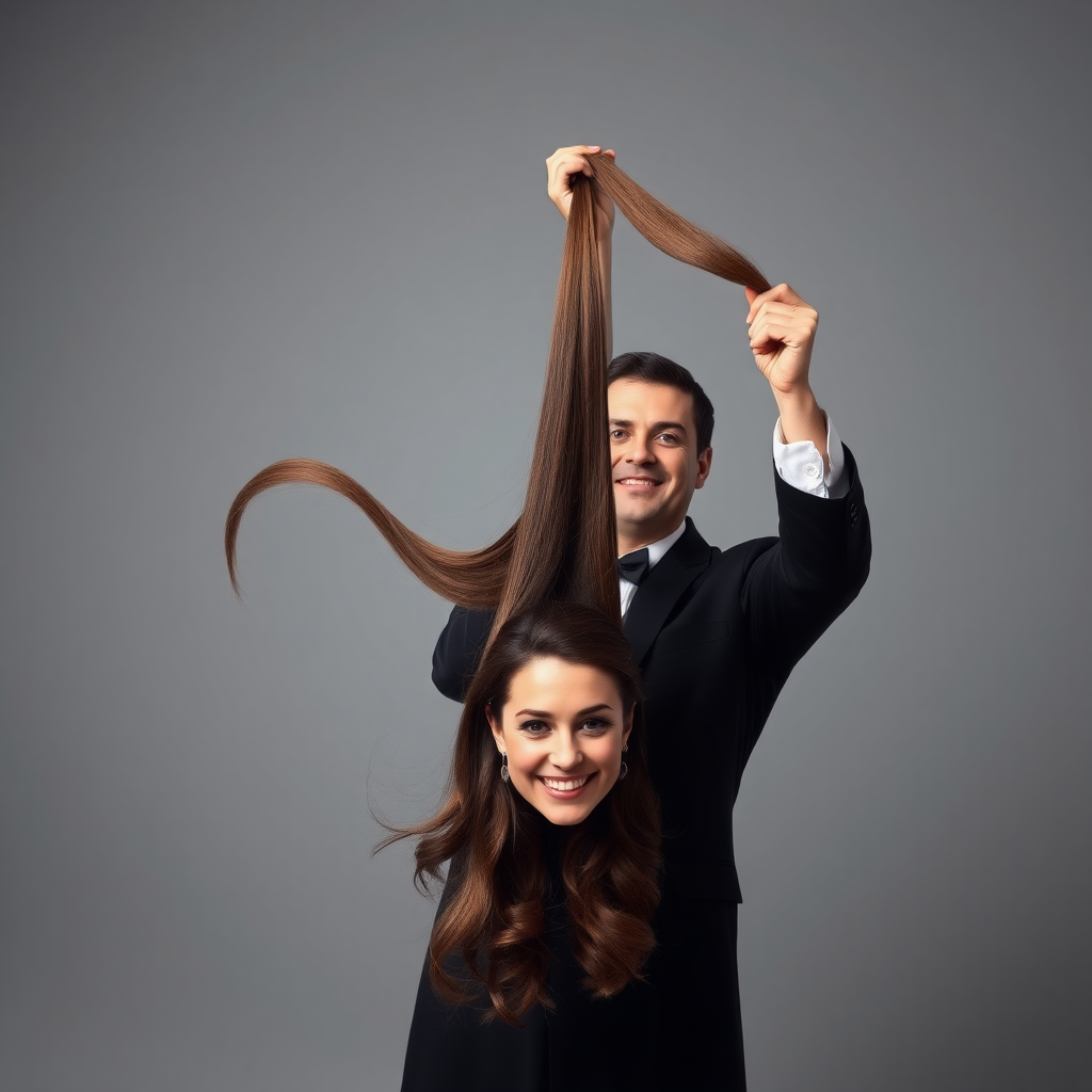 A surreal image of a smiling male magician holding up the disembodied head of a very long haired Kate Middleton. He is grabbing her very long hair and pulling it up high in the air, while her head is hanging by her hair from his grasp to display it to the camera. Plain gray background.