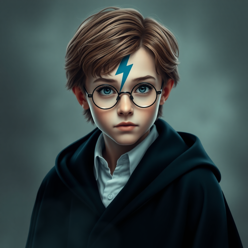 create an image of a boy wizard with a scar shaped like a lightning bolt on his forehead, he's 14 years old with brown hair and glasses and wears a white button up shirt and a black robe. make it photorealisic