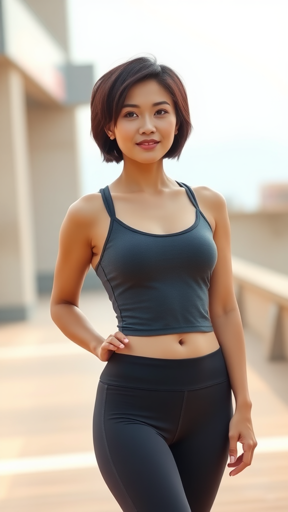 A beautiful Chinese woman, short hair, full figure, small chest, yoga pants, tank top.