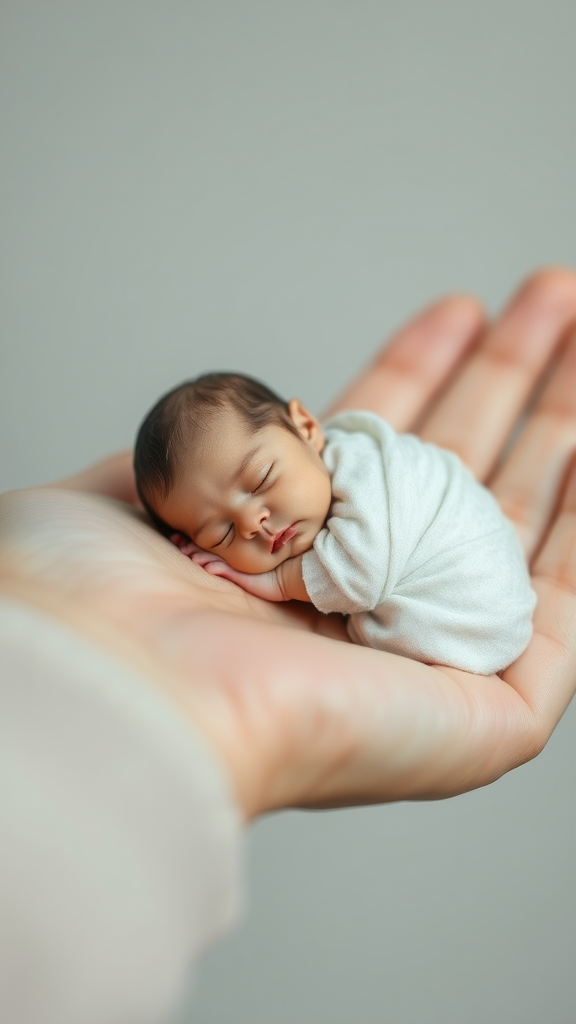 A cute mini little tiny miniature baby sleeping on hand