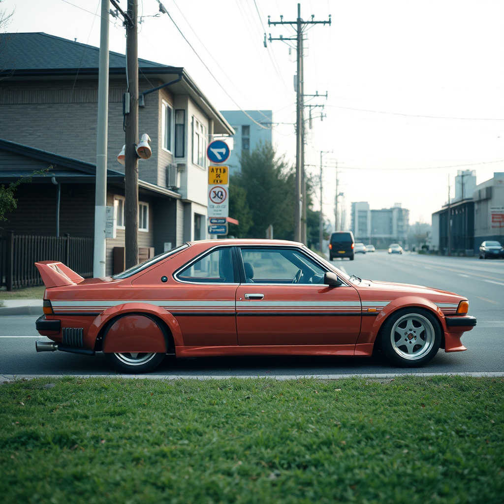 the car is parked on the side of the road, inspired by Taiyō Matsumoto, tumblr, restomod, nd4, c4