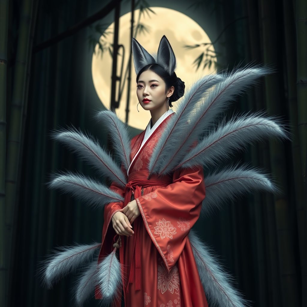 A Korean kitsune woman in an ancient Hanbok with nine one-meter long silver bushy foxtails that comes from her middle ass, in front of the full moon in a bamboo forest.