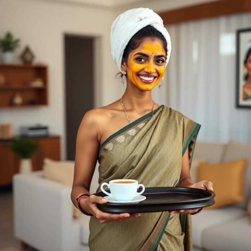 slim, 30 year old, indian Bride, towel head, turmeric face mask, saree. She is smiling and serving coffee on a tray in living room.