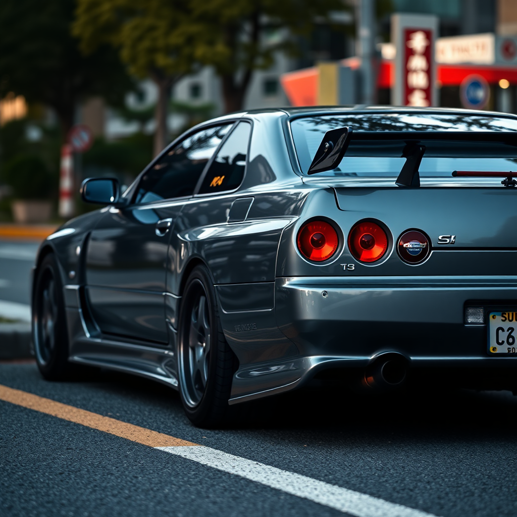 The car is parked on the side of the road, inspired by Taiyō Matsumoto, tumblr, restomod, nd4, c4 metallic shine gray black nissan skyline r34 tokyo arkaplan hatasız tam eksiksiz ayrıntılı genel gerçek detaylar en iyi fotoğraf poz sinematik hafif yağış su damlalar yansıma ıslak yol need for speed tarzı body kit