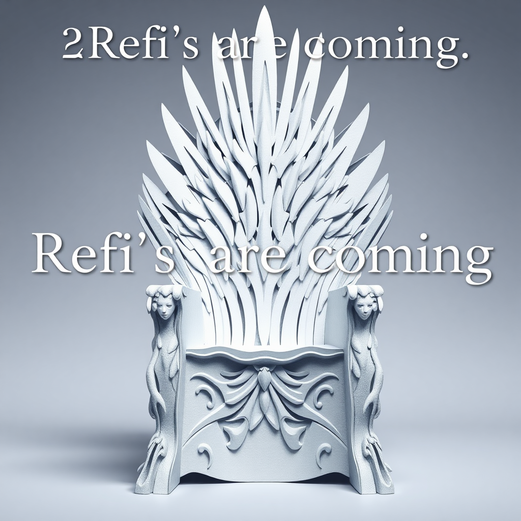 A flyer image of the Game of Thrones chair made out of white paper. The text in the background says “Refi’s are coming.”

The refi is for refinancing a home. Photorealistic and cinematic camera photography. Masterpiece.