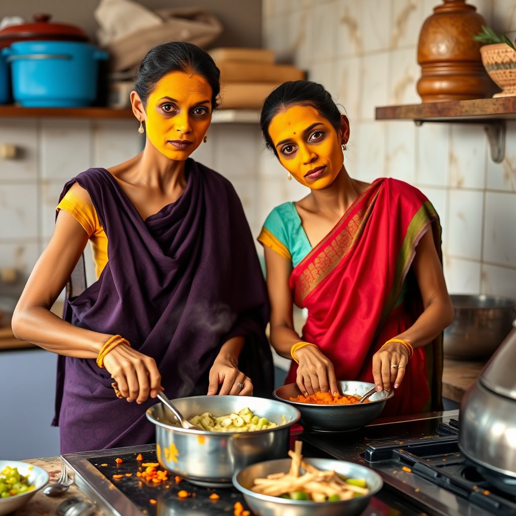 2 skinny, 30-year-old Indian maids. They are cooking food in the kitchen. Their faces are covered with a turmeric face mask.