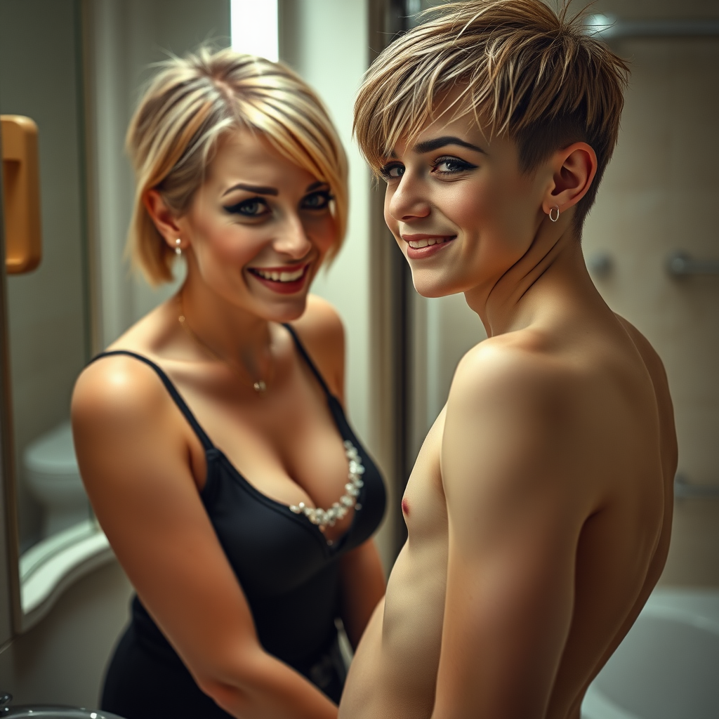 photorealistic, ultra high resolution, 16K, surreal fantasy, studio lighting, a 35 year old mother who is fully dressed for work is watching her pretty 14 year old goth son, slim male physique, short blonde hair, goth makeup, earrings, pantyhose, white ballet shoes, in the bathroom, excited smile, facing the camera.