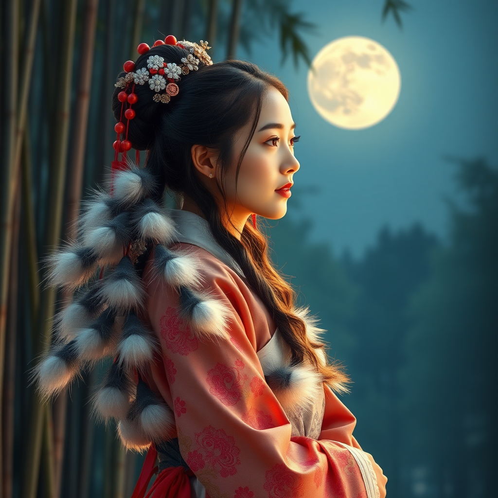 A Korean Woman in an ancient Hanbok with nine silver foxtails that comes of her ass, in front the full moon in a bamboo forest