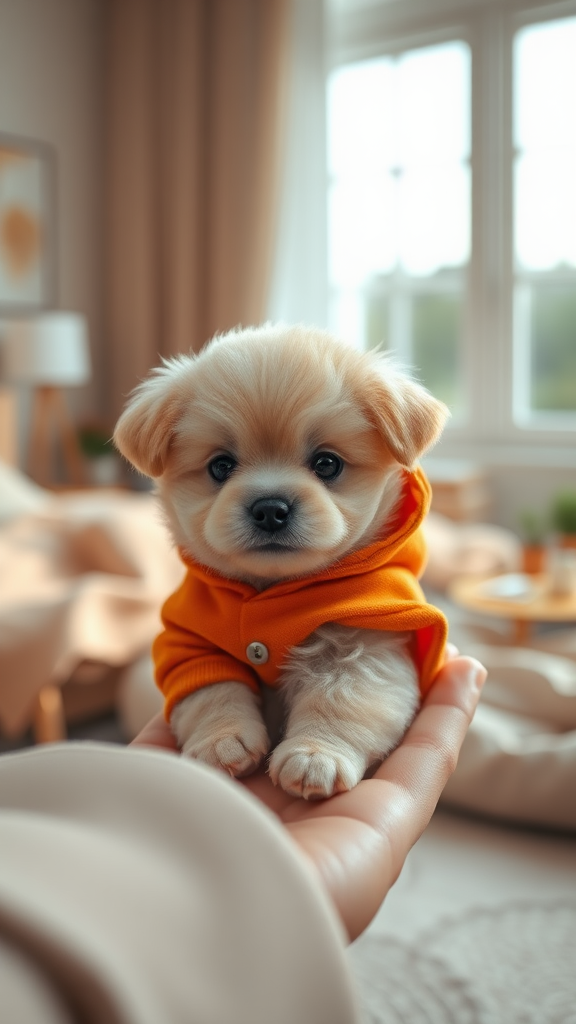 For creating a prompt to generate an image like the one you've uploaded, here's a detailed prompt for the tiny puppy:

Prompt for Art Generation: "Create an ultra-realistic, high-definition image of a miniature fluffy puppy. The puppy should be incredibly small, fitting perfectly in a person's fingertips. It should have soft, cream-colored fur with big, round, expressive black eyes. The puppy is wearing an orange hoodie, giving it an extra cute and cozy look. The setting should be a soft, cozy bedroom with a neutral palette, blurred in the background to highlight the adorable tiny puppy. Ensure the image captures the puppy’s cuteness and the softness of the setting, with soft lighting coming through a large window in the background."