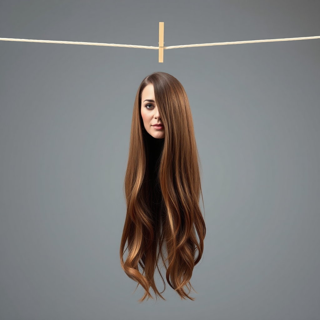 A surreal image of the beautiful very long haired Kate Middleton's disembodied head hanging by her long hair from a clothesline.  Plain gray background.