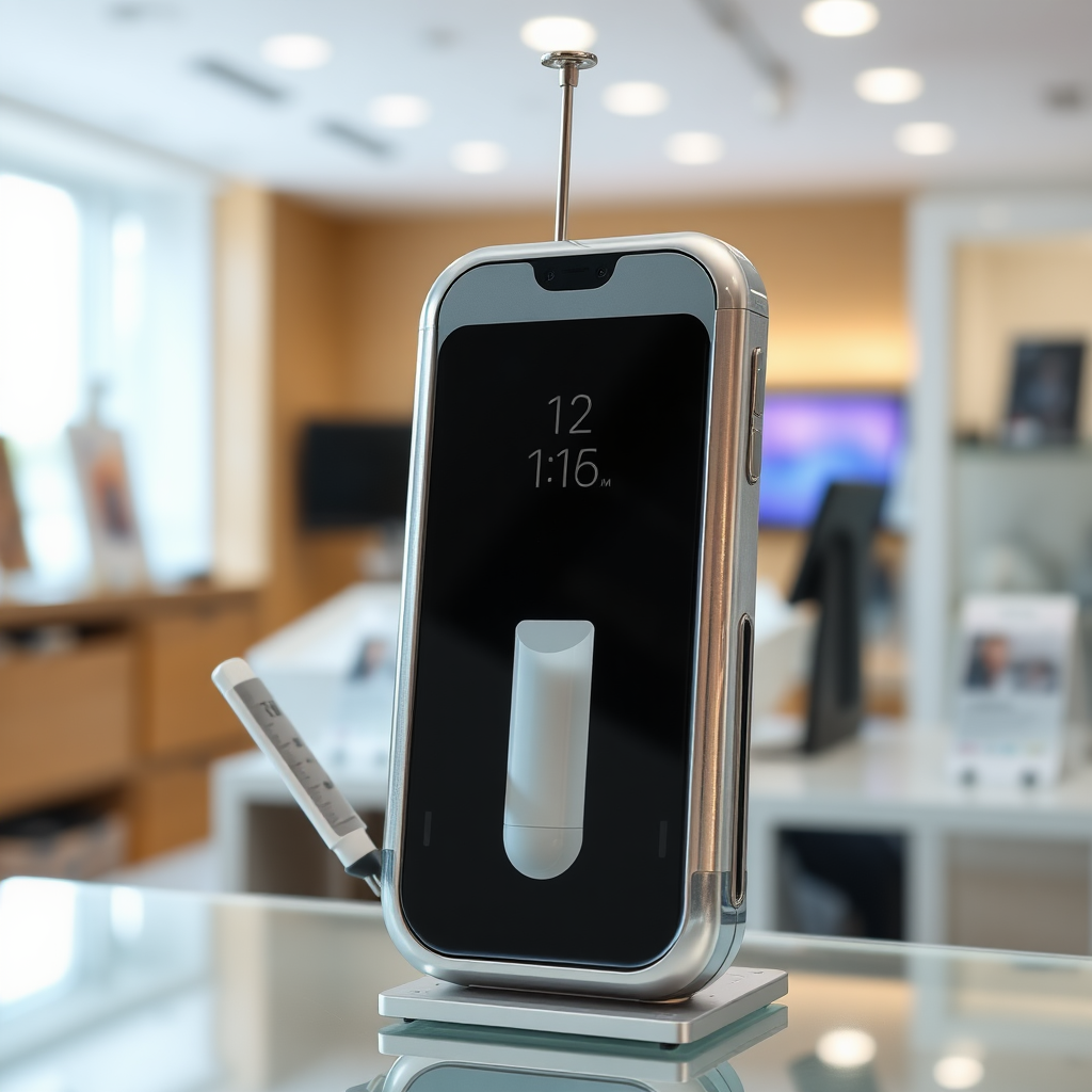 A mobile phone in the shape inspired by a syringe, metallic futuristic, kept for sale, in a showroom.