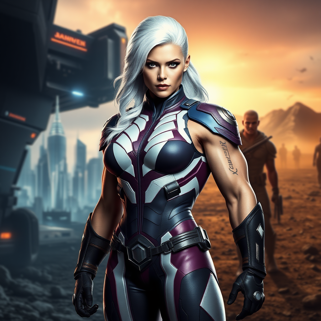 Create a full-length photorealistic image of a hybrid character combining Emma Frost's head, hairstyle, and facial features, while substituting her body for Marcus Fenix's physique. Modify Emma's iconic costume to fit this new muscular body. The background should blend elements representing both characters, incorporating a futuristic cityscape and a barren battlefield, fusing their distinct environments. The lighting should highlight the character's strong presence, emphasizing her confident stance. Aim for a dynamic composition that showcases the unique attributes of both characters while maintaining a cohesive look.