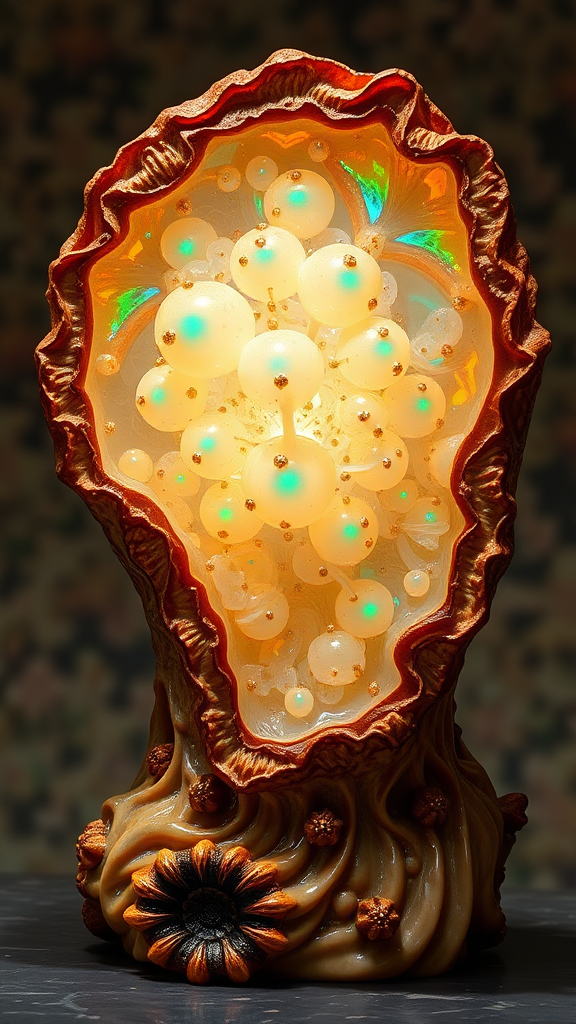 statue, mandelbulb fractal, ultra-detailed, dynamic composition, artistic photograph, geode, alabaster, fractal, brilliant colors, glittering, illumination, transparency, translucent, opal, turquoise, gold, romanticism, sharp focus, wabi-sabi, pottery, floral